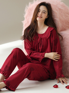 【莱卡棉】睡衣女款2025年新款春秋季纯棉长袖红色本命年家居服