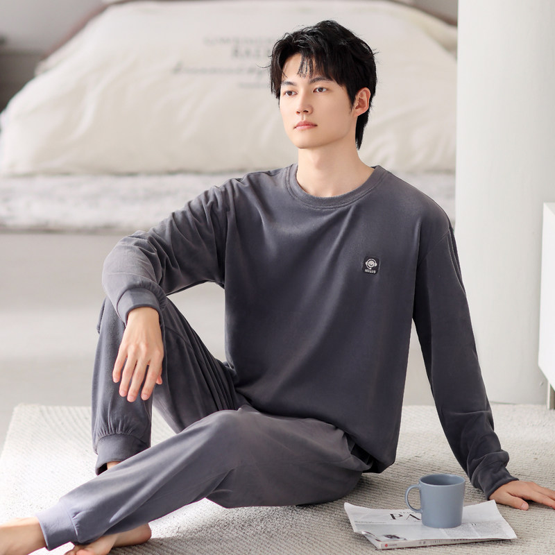 珊瑚绒睡衣男冬季加厚加绒秋冬款青少年男款春秋薄绒海岛绒家居服
