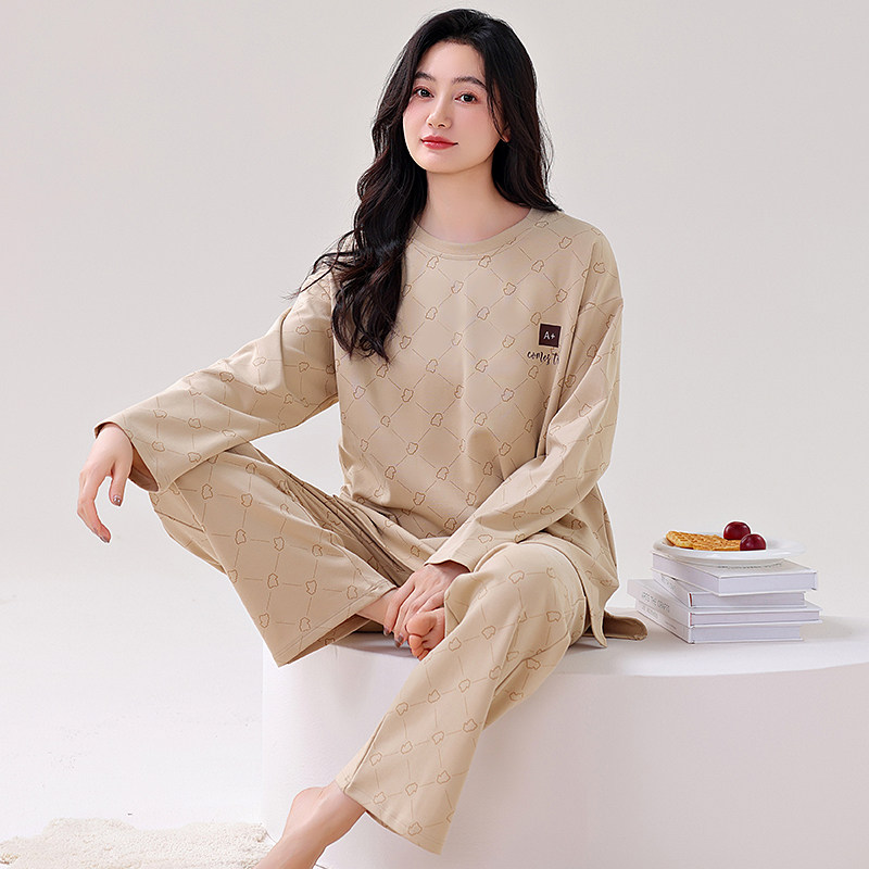 2026新款带胸垫睡衣女款春秋季纯棉长袖格子圆领加大码家居服套装