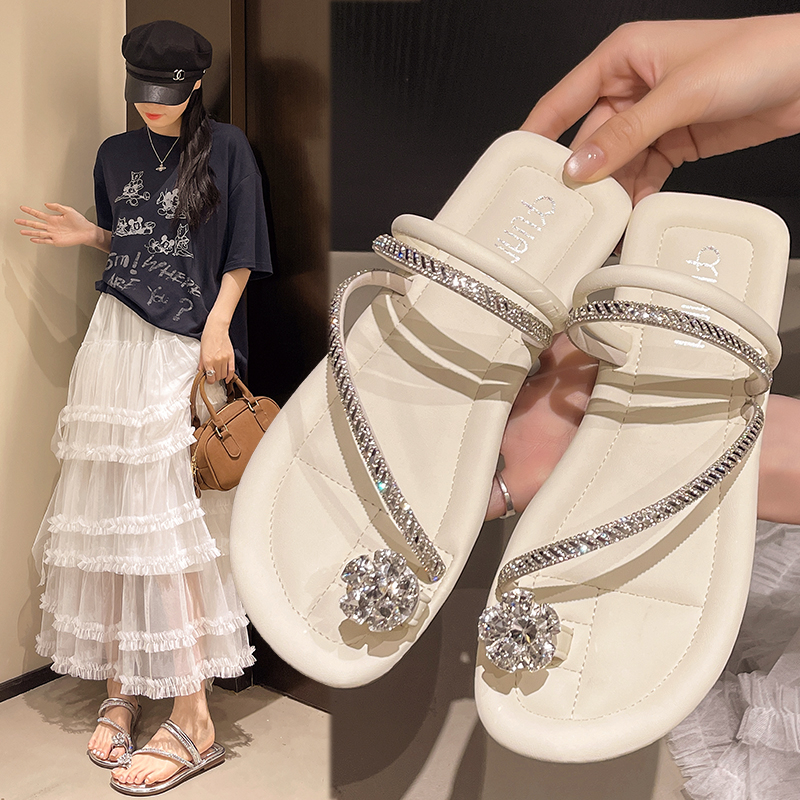 平底露趾人字拖水钻仙女风凉拖鞋