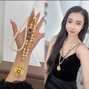 古法新中式镶钻葫芦仿珍珠项链可转动吊坠精致国风长款毛衣链配饰