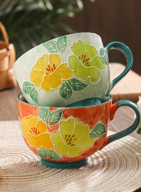 复古轻奢陶瓷杯子家用早餐杯燕麦杯高颜值浮雕釉下彩大容量牛奶杯