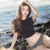 泳衣女新款 复古简约黑白条纹短袖 小胸比基尼性感分体显瘦遮肉温泉