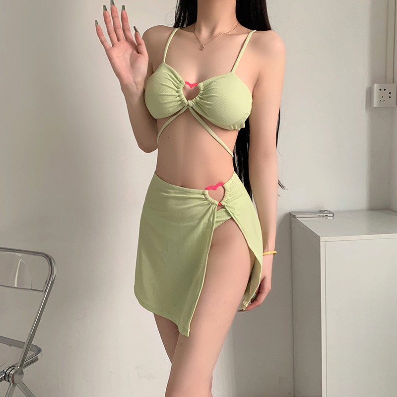 泳衣女欧美性感绿色比基尼时尚Sexybikini小胸三点式裙式绑带温泉