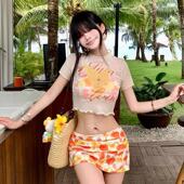 比基尼小胸分体四件套遮肚泡温泉泳装 泳衣女新款 性感分体碎花裙式