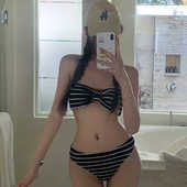 女士黑白条纹比基尼抹胸三点式 小胸甜美可爱沙滩度假bikini泡温泉