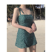 游泳衣女绿色新款 保守遮肚显瘦性感钢托小胸聚拢ins连体裙式 温泉