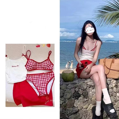 比基尼度假温泉格子吊带甜美泳衣