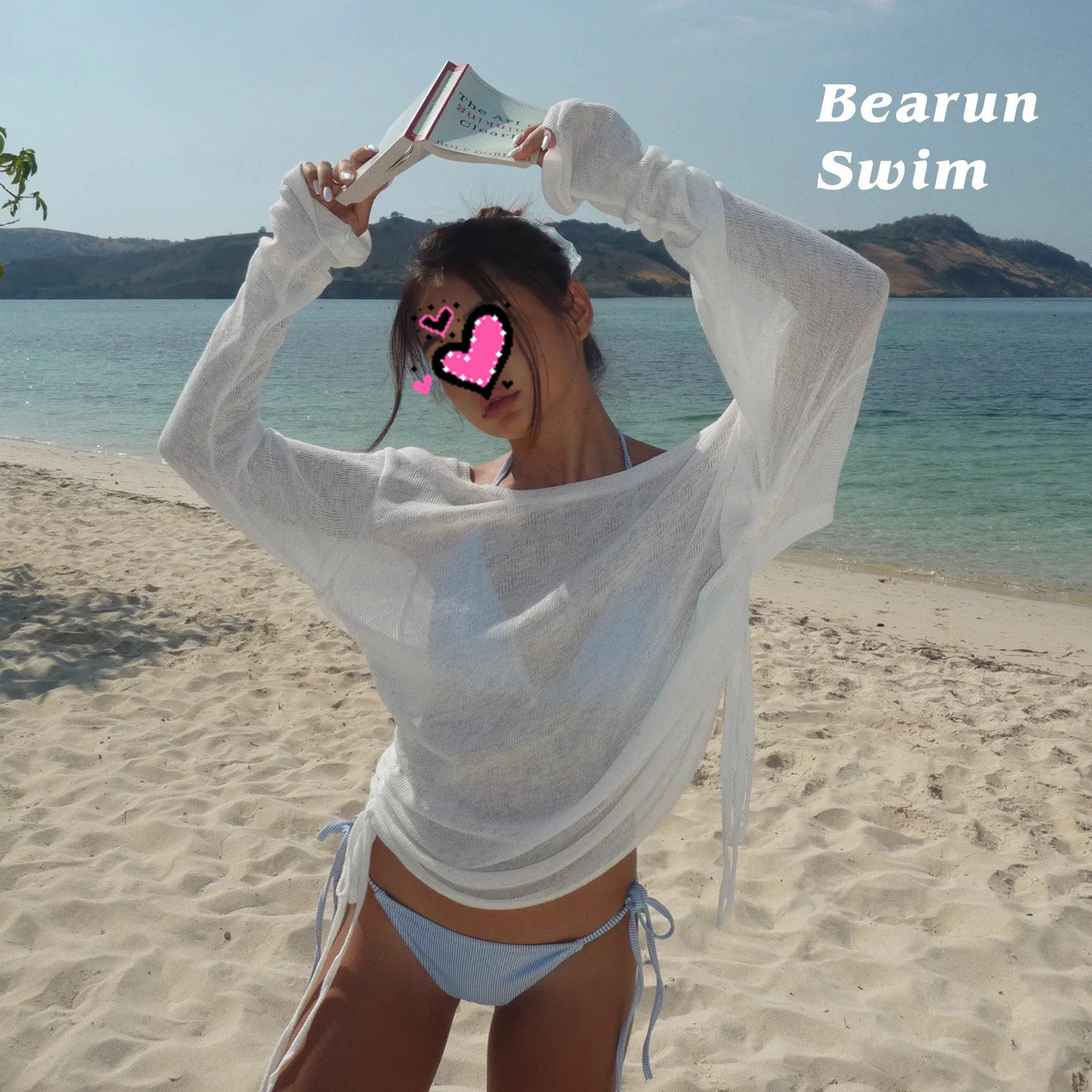 泳衣女蓝色比基尼海边度假风分体式性感甜美小胸白色罩衫沙滩温泉