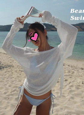 泳衣女蓝色比基尼海边度假风分体式性感甜美小胸白色罩衫沙滩温泉