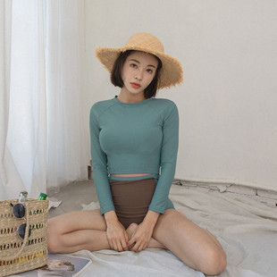 韩版新撞色长袖防晒潜水服分体高腰小平角保守显瘦学生温泉泳衣女