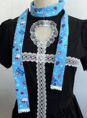 蓝色卡通猫咪细围巾可爱鬼马千禧y2k甜酷造型亚文化围脖A33