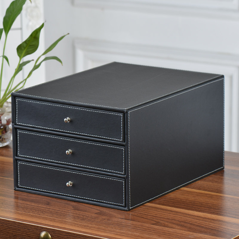 皮革桌面收纳盒 创意办公文件柜 A4整理盒 二抽屉柜包邮