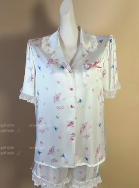 Meowgirl性感睡衣女翻领印花可外穿家居服夏季宽松短袖短裤两件套