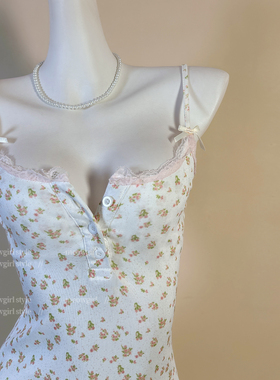 Meowgirl性感睡裙纯欲风吊带女夏季甜美碎花蕾丝花边家居服睡衣