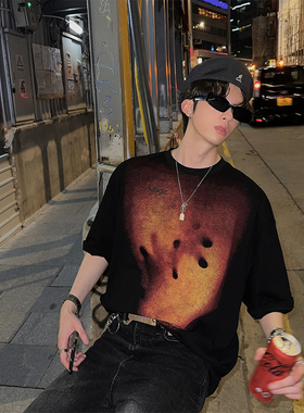 junmanner 抽象模糊印花美式潮流休闲圆领短袖针织上衣夏男生T恤