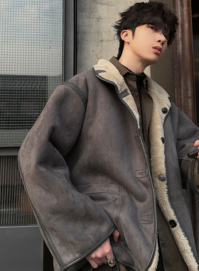 junmanner 羊毛羔翻领美式飞行机车保暖加厚夹克春秋男生皮衣外套