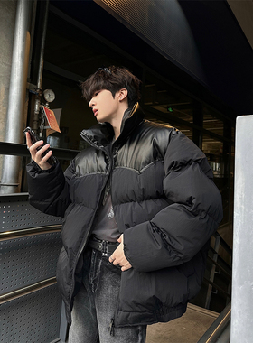junmanner 美式复古拼接pu皮立领面包服棉服男宽松休闲外套棉袄