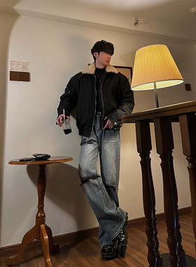 junmanner 磨破烧花破洞潮流高级感直筒加厚牛仔裤春夏季男生裤子