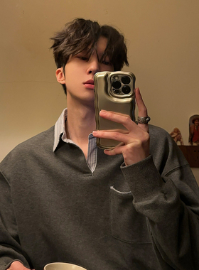 junmanner 假两件翻领韩式潮流高级感宽松长袖上衣春秋季男生卫衣