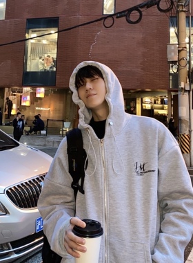 junmanner 灰色字母印花连帽开衫卫衣男2025年秋冬韩风潮流外套