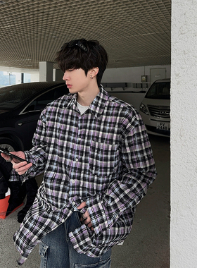 junmanner 格子条纹日式复古潮流翻领长袖衬衫上衣春夏季男生衬衣