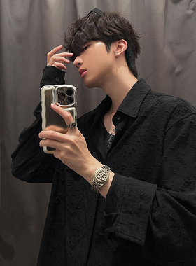 junmanner 黑色提花日式复古潮流翻领长袖衬衫上衣春夏季男生衬衣