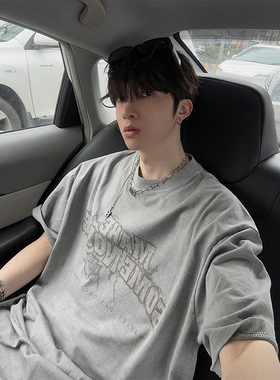 junmanner 图案印花美式复古潮牌宽松休闲圆领半袖上衣夏男生T恤