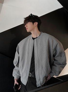 junmanner 压花褶皱棒球领美式潮牌复古飞行员机车夹克秋冬男外套