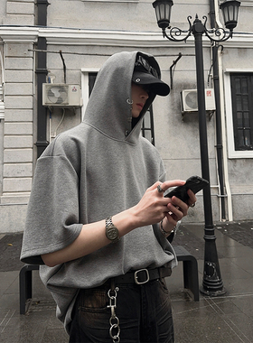 junmanner 灰色连帽美式潮牌宽松休闲短袖上衣T恤夏季男卫衣外套