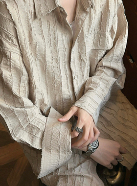 junmanner 尖领条纹流苏日式复古翻领长袖衬衫上衣春夏季男生衬衣