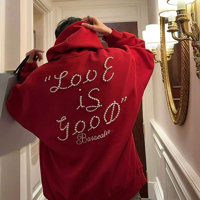 junmanner 字母印花珍珠美式复古保暖连帽上衣秋冬季男生卫衣外套