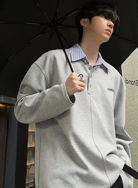 junmanner 假两件条纹翻领拼接学院风长袖上衣春秋季男生Polo衫