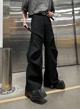 junmanner 微喇叭褶皱韩版潮流宽松直筒休闲裤春秋款男生长工装裤