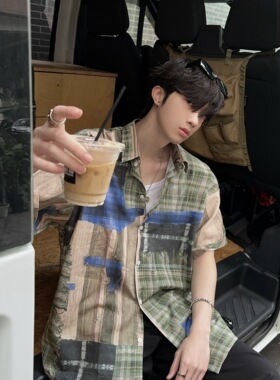 junmanner 撞色拼接格纹日式复古翻领短袖衬衫上衣春夏季男生衬衣