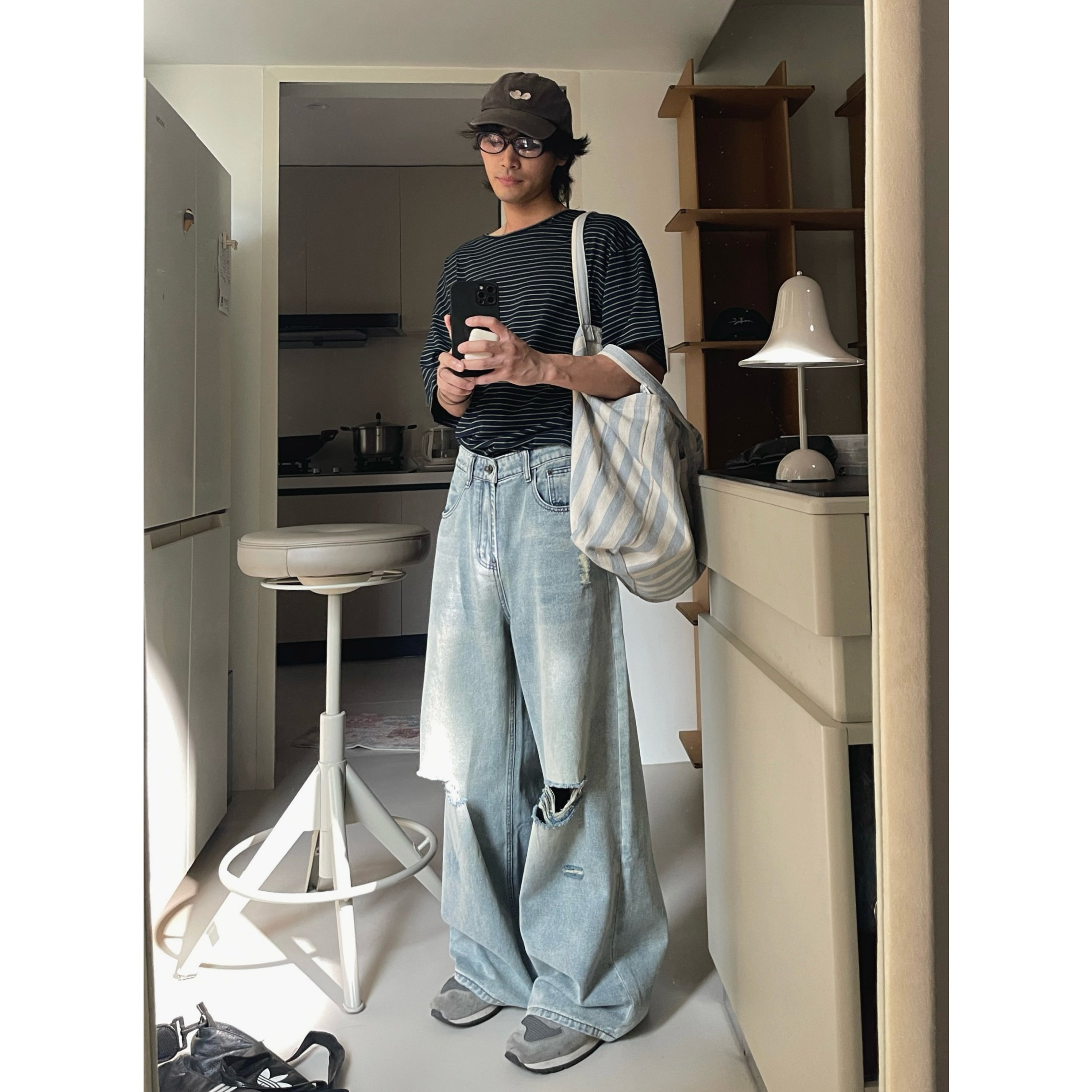 Lookiva 自制 怀旧复古蓝 垂感阔腿裤 夏季破洞牛仔裤 男女同款