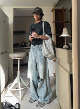 JUNMANNER 自制 怀旧复古蓝 垂感阔腿裤 夏季破洞牛仔裤 男女同款