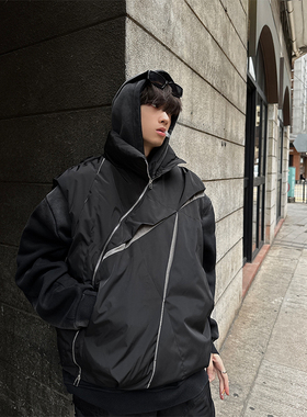 junmanner 小众设计压褶拼色立领棉服外套冬季棉衣痞帅保暖棉袄