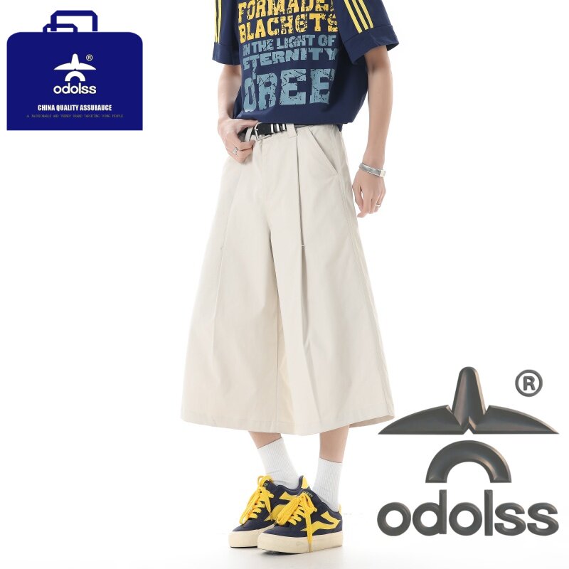 odolss 高品质潮牌美式高街宽松直筒折痕七分休闲裤男士夏季7分裤