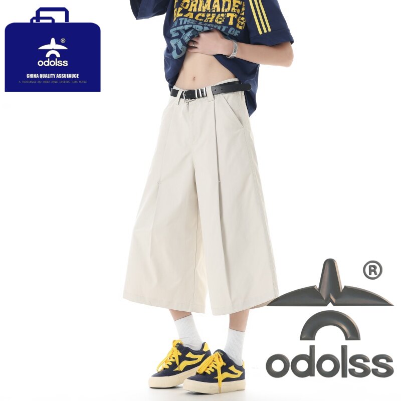 odolss 高品质潮牌美式高街宽松直筒折痕七分休闲裤男士夏季7分裤