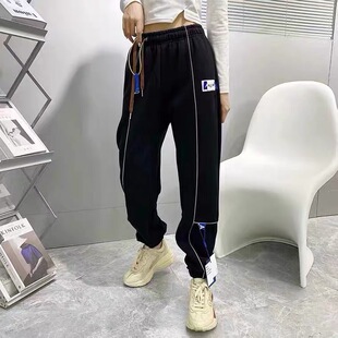 潮牌ader裤子反光条长裤女情侣款卫裤宽松束脚裤拼接运动休闲裤