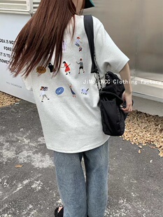 TPPADER韩国2024春夏新款刺绣卡通小人t恤宽松圆领男女情侣短袖