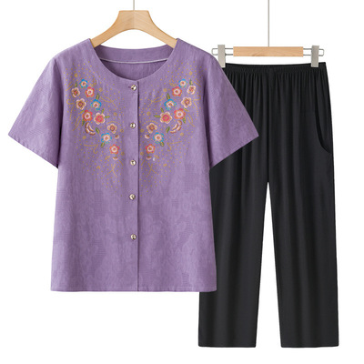 奶奶夏装短袖棉麻套装中老年人女