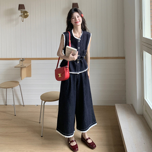 蕾丝拼接牛仔套装女2025夏季新款设计感超火减龄马甲阔腿裤两件套图片