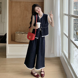 蕾丝拼接牛仔套装女2025夏季新款设计感超火减龄马甲阔腿裤两件套，女装套装/套裙，2C318