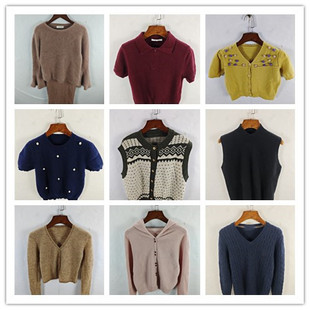 古着秋冬复古欧美格雷简洁慵懒纯色图案羊毛羊绒毛衣