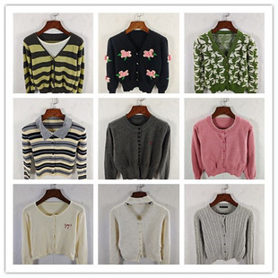 古着复古韩版宽松修身纯色图案短款针织毛衣春款打底衫开衫