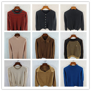 古着秋冬复古欧美格雷简洁慵懒纯色图案羊毛羊绒毛衣