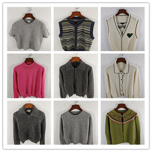 古着秋冬复古欧美格雷简洁慵懒纯色图案羊毛羊绒毛衣