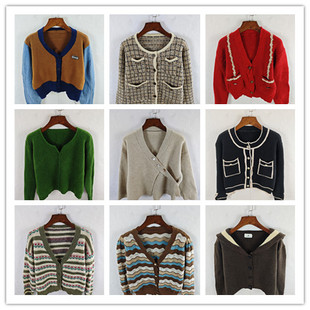 古着秋冬复古韩版宽松修身纯色图案短中长款秋冬毛衣外套女,清